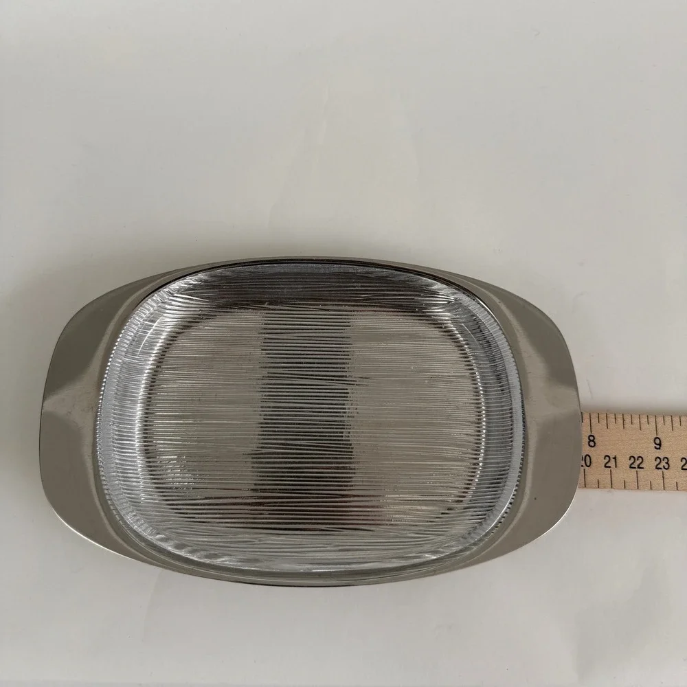 Vintage WMF Cromargan Ribbed Crystal Glass Butter Dish Tray MCM‎ Germany